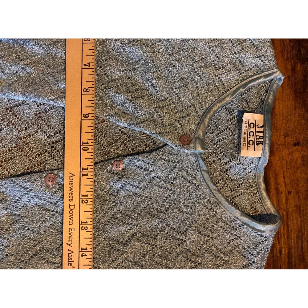 Star C.C.C. Cardigan Sweater Womens M Blue Excellent Pointelle Shimmer Knit Crop